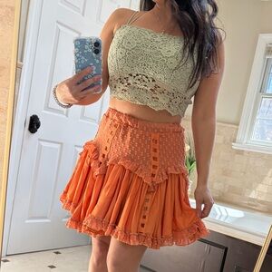 Chio Di Stefania orange mini skirt peekaboo design ruffle macrame xs sexy
